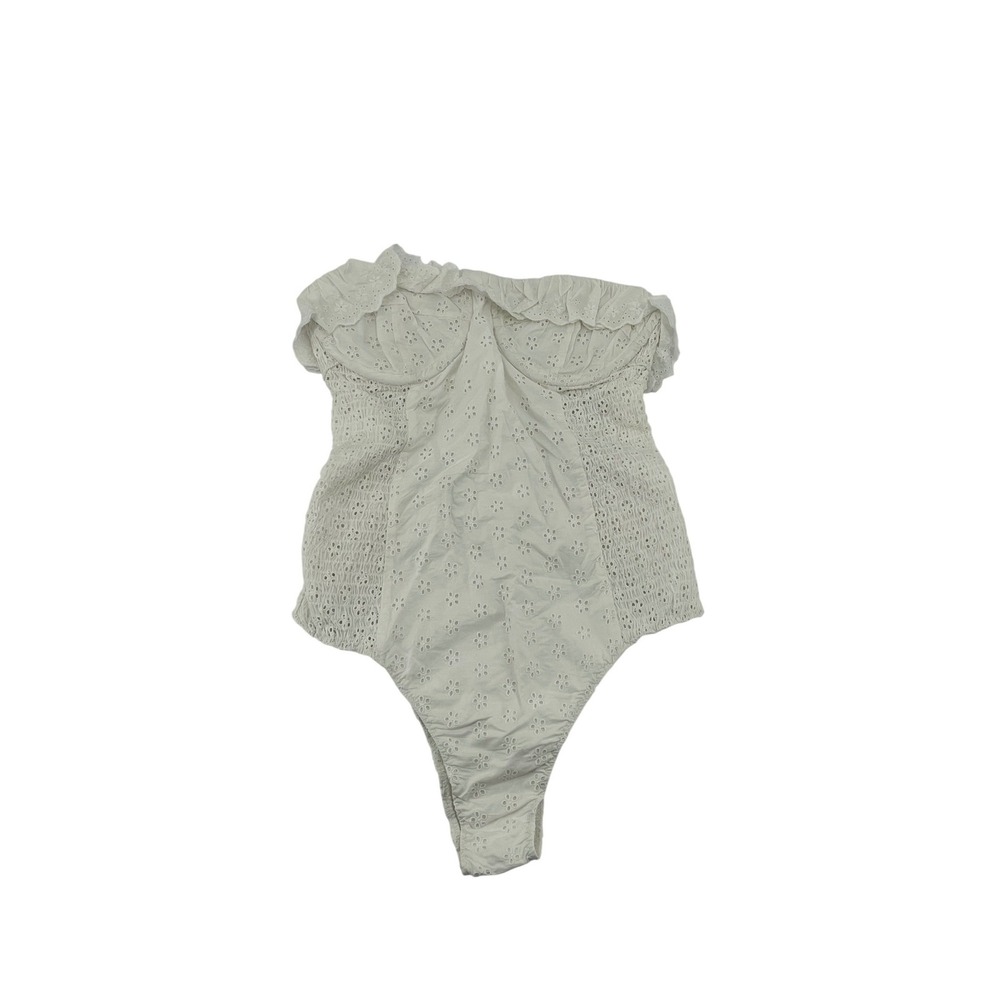 DÔEN Swim One Piece Size M White New Eyelet Ruffle Strapless Bodysuit